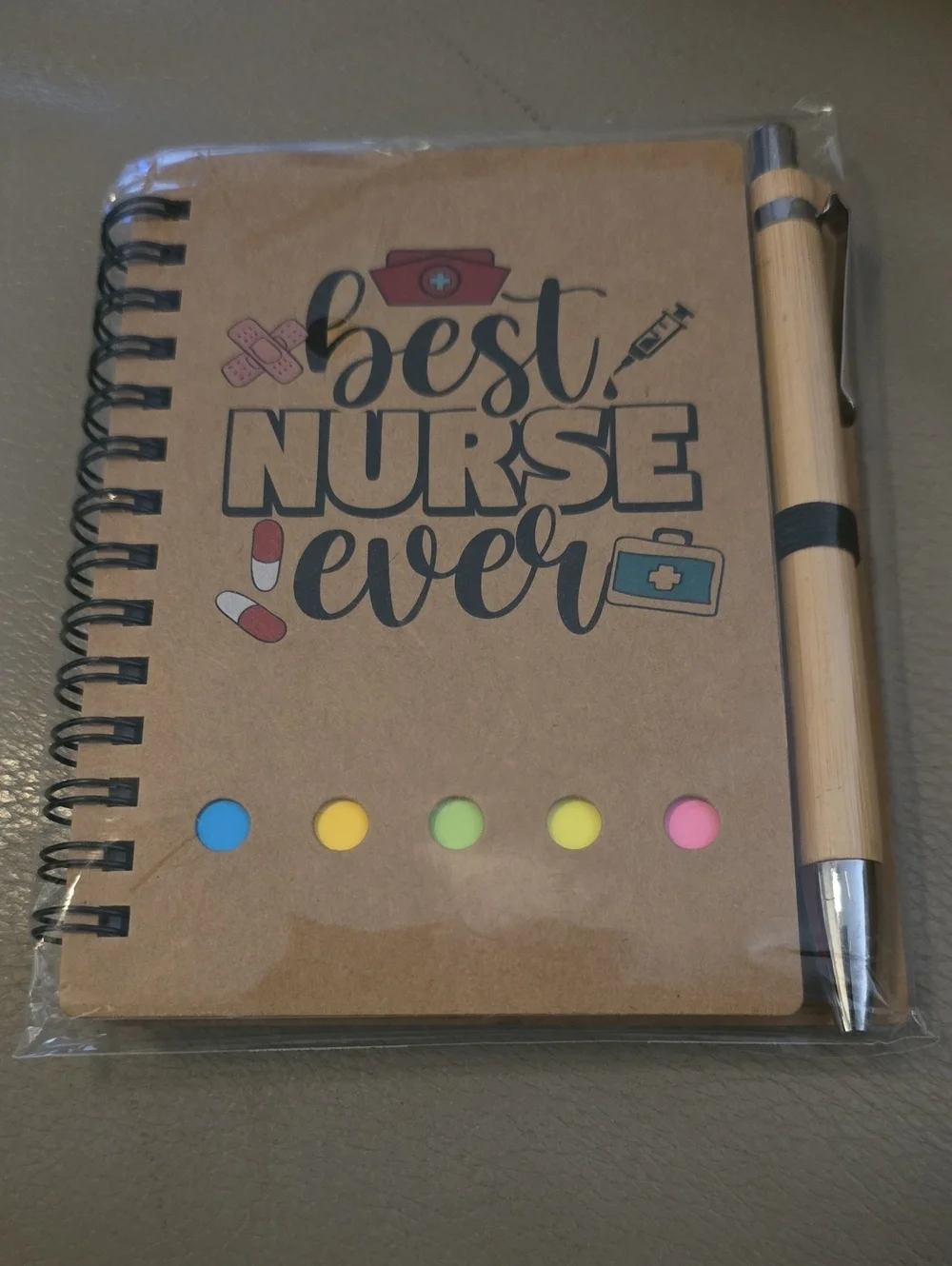 Best Nurse Ever Spiral Notebook with Pen - Kraft Brown & Colorful Dots